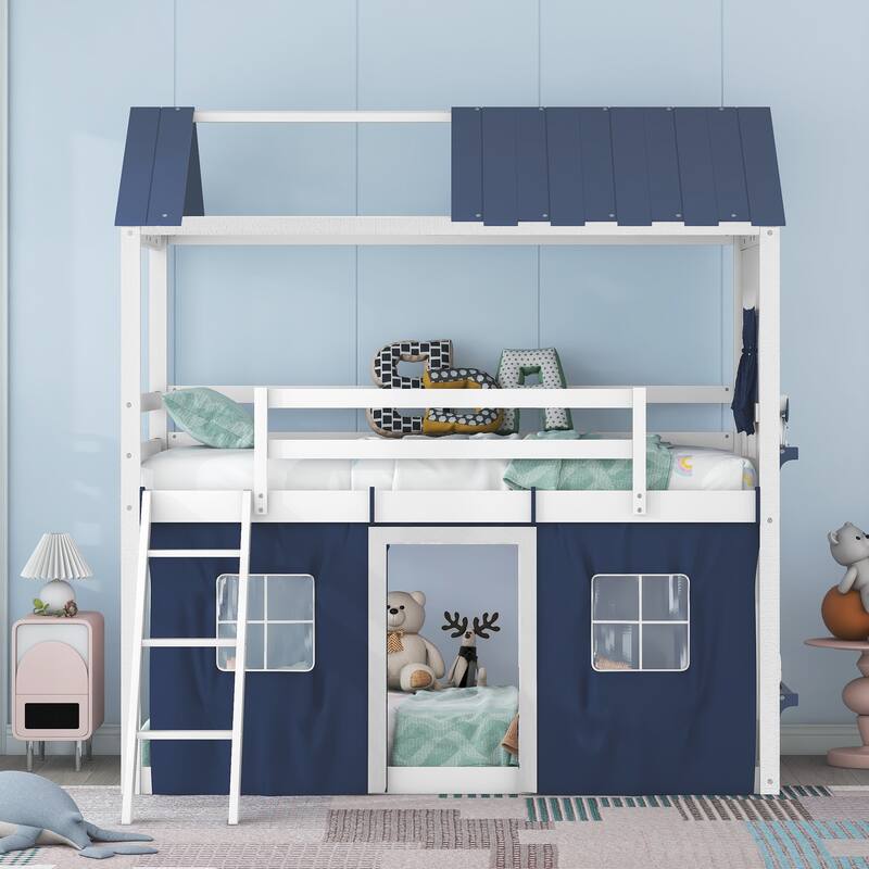 Twin Size Bunk Wood House Bed with Elegant Windows, Sills and Tent