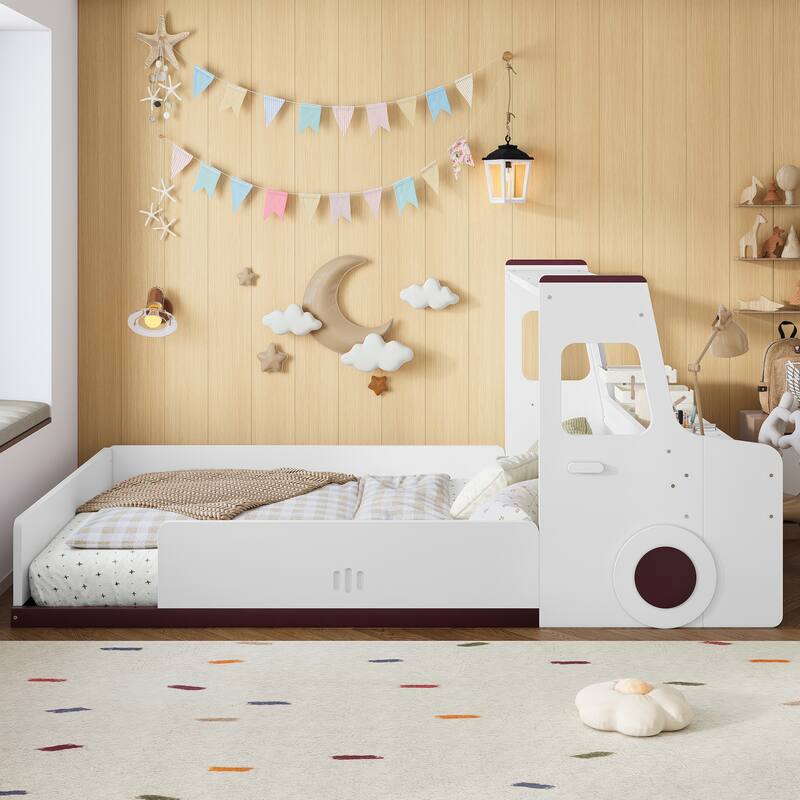 Full Size Floor Bed with Interesting Car-shape Design, Kids Car Floor Bed with Storage Drawers, Window