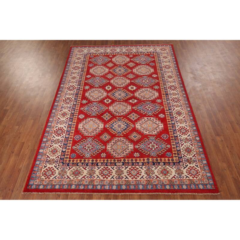 Hand Knotted Oriental 100% Wool Carpet Traditional Geometric Red Kazak Area Rug - 9' 6'' X 6' 7''