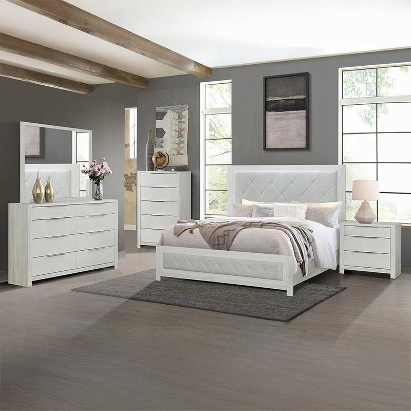 Modern Transitional Queen Size Panel Bed with Tufted Headboard, Beige Finish