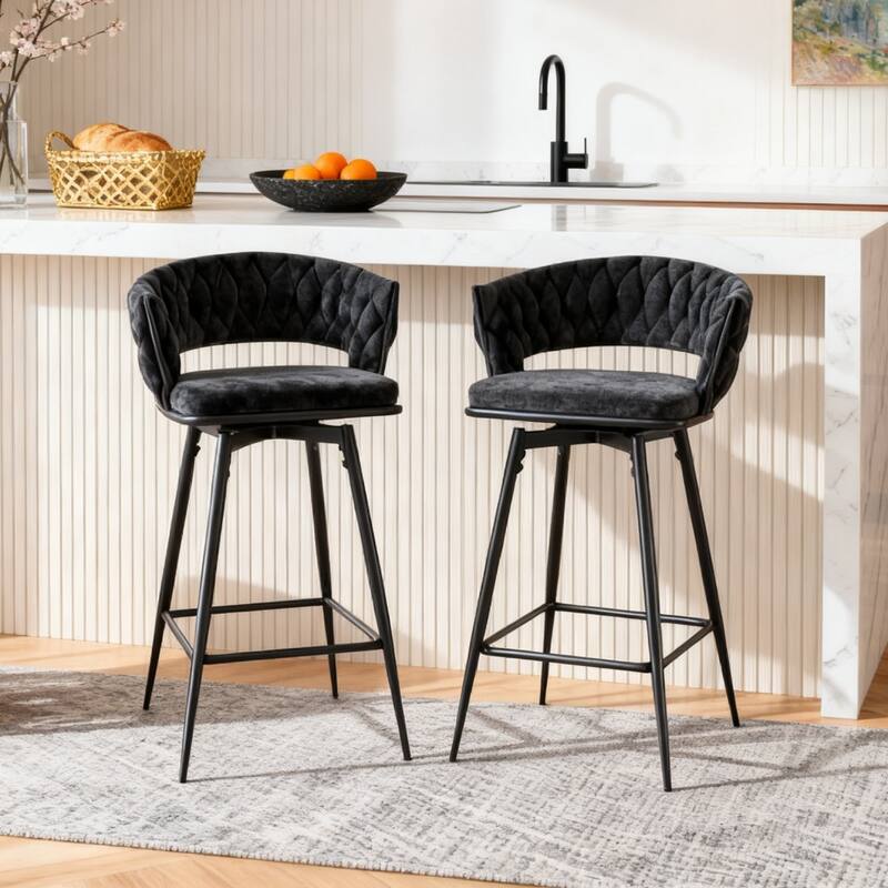 Swivel Bar Stools Set of 2, Modern Barstools with Backs, Upholstered Cotton Linen High Chairs for Island Kitchen - Dark Grey