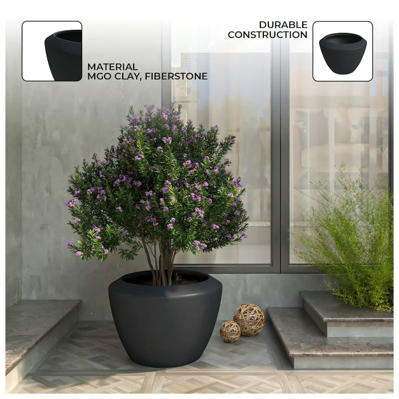 Vessel Contemporary Round Fiberstone and MGO Planter Pot with Drainage Holes Handcrafted Durable Indoor Outdoor Pot