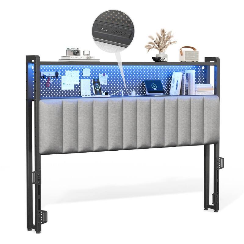 Adjustable Upholstered Headboard with 2 Tier Shelves with Charging Stations and LED Lights, Modern Bed Headboard with Storage