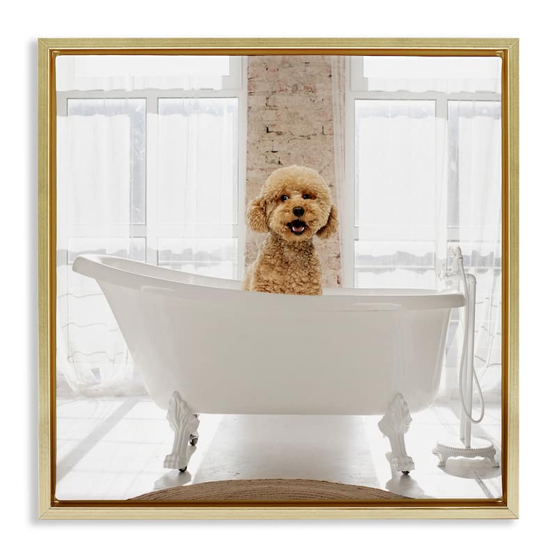 Stupell Happy Puppy in Bathtub Framed Floater Canvas Wall Art Design By CAD Designs - 18 x 18 - Gold