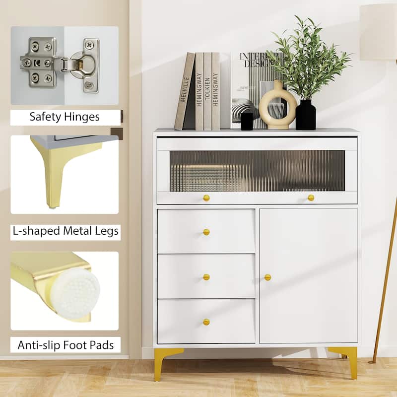 Gymax 37.5'' Tall Dresser Chest of Drawers w/ Flip-up Fluted Glass