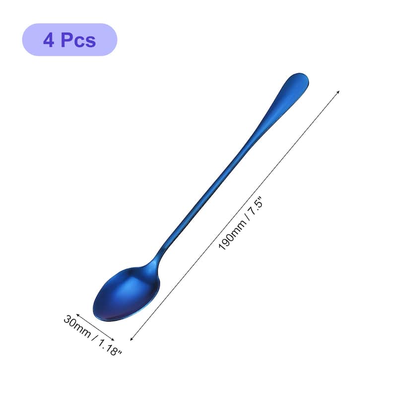 4Pcs 7.5-Inch Stainless Steel Ice Cream Spoon Long Handle Spoon - Blue