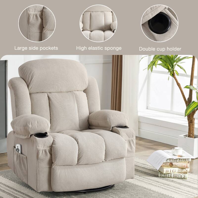 Velvet Swivel Recliner Lounge Chair with Massage and Heat, 360° Rotation, USB Charging Port, Dual Cup Holders
