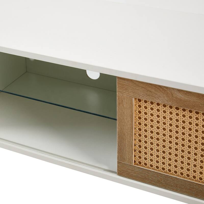 White 54" TV Console with Color Light Strip, Sliding Doors & Shelf