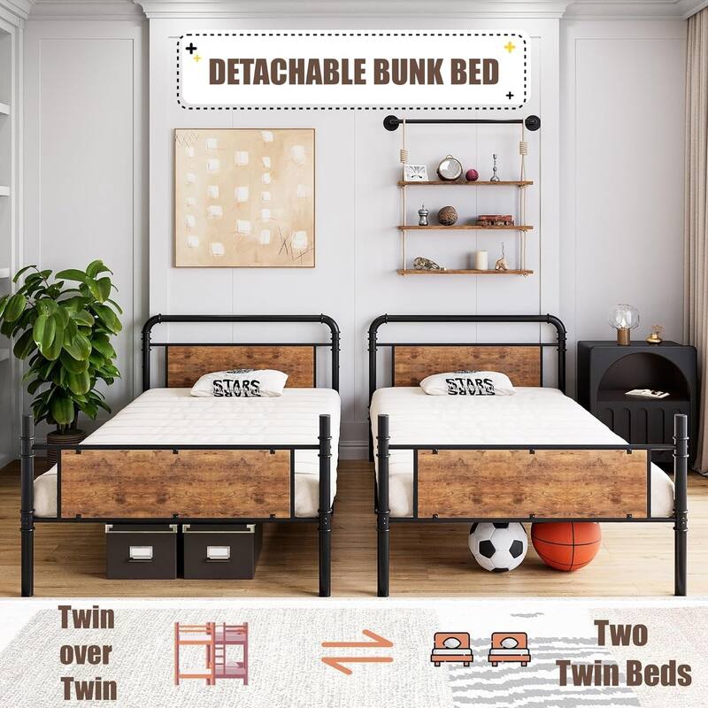 Twin Over Twin Metal Bunk Bed with Guardrails & Ladder, Convertible Heavy Duty Frame for Kids & Adults
