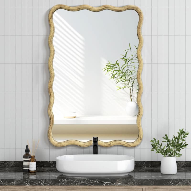 Scalloped Wood Frame Rectangle Wavy Wall Mirror - 24x36 - Natural