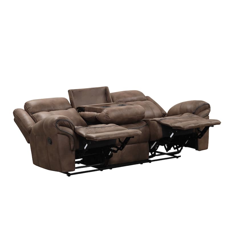 Arisa Sofa, Brown Faux Leather, Drop Down Table with Cupholders, 87 Inch