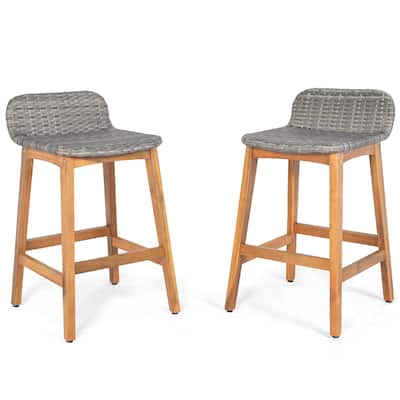 Acacia Wood Bar Stools Set of 2 with PE Rattan Seat and Ergonomic Backrest - N/A