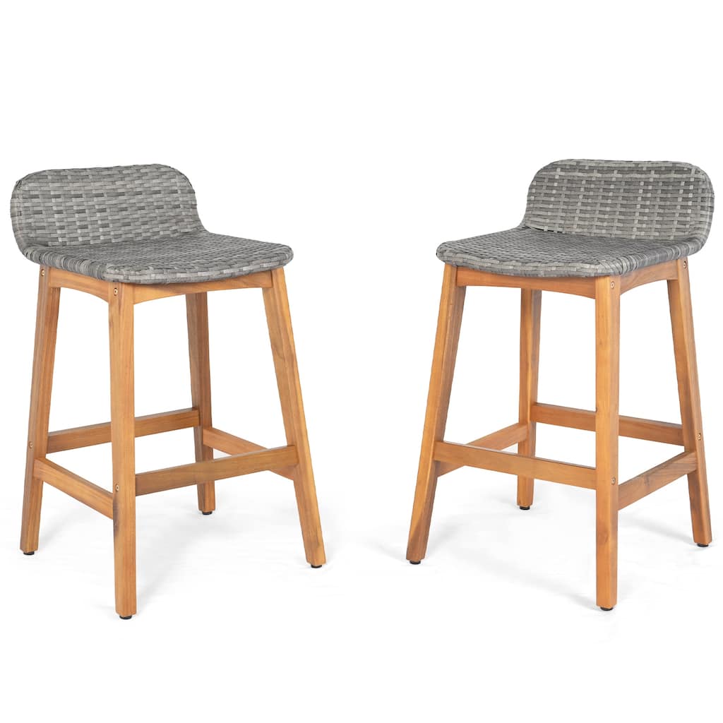 Acacia Wood Bar Stools Set of 2 with PE Rattan Seat and Ergonomic Backrest - N/A