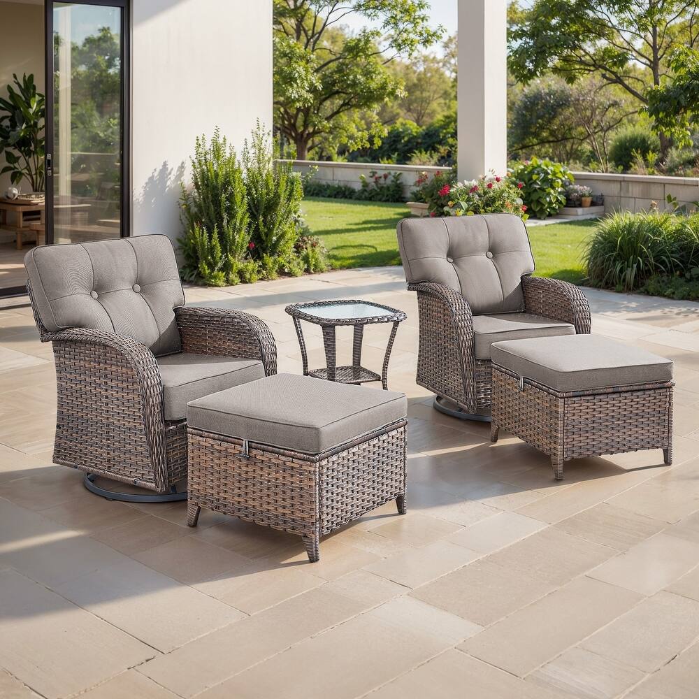 TWrap Brown Wicker Patio 5-Piece Swivel Gliders Conversation Set with 5-Inch Thick Cushions