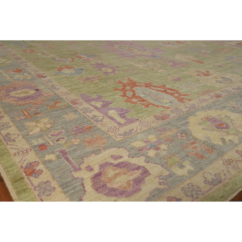 Hand Knotted Oriental 100% Wool Carpet Transitional All-Over Green Oushak Area Rug - 12' 5'' X 9' 3''