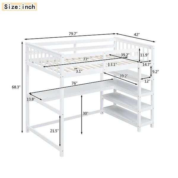 Twin Size Loft Bed Wooden Guardrail Loft Bed Frame with Storage Shelves and Under-Bed Desk