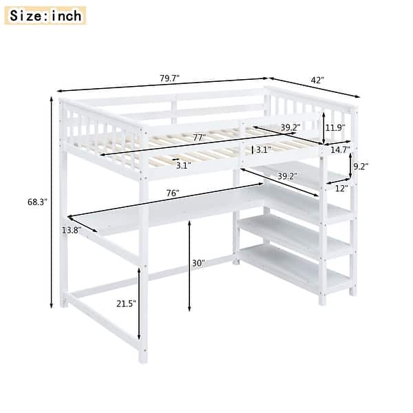 dimension image slide 2 of 3, Twin Size Loft Bed with Storage Shelves and Under-Bed Desk, Wooden Frame, Full-Length Guardrail