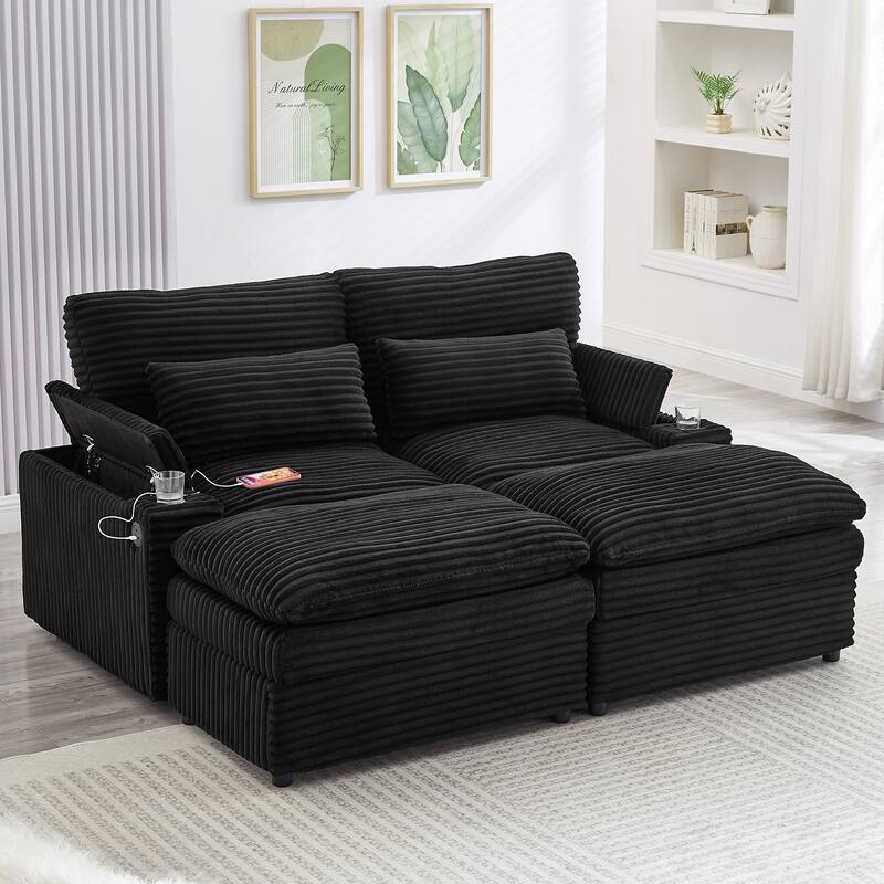 L-Shaped Corduroy Sectional Sofa w/ USB Ports & Cup Holders, 2-seater Sofa Loveseat w/ 2 Ottomans, Convertible Sleeper Sofa Bed