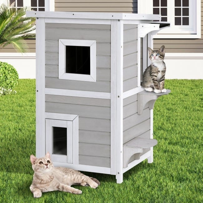 2-Story Wooden Cat House with Escape Door Rainproof - 17.5" x 18" x 31" (L x W x H)