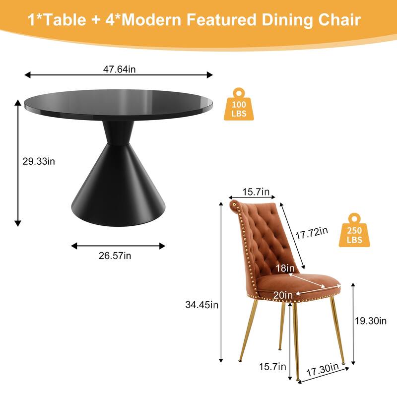 48" Light Luxury Black High Gloss Large Countertop Dining Table with Velvet Dining Chair Set