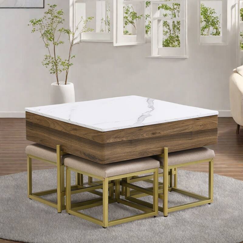 31.5" MDF Modern Lift-Top Coffee Table Set with 4 Storage Ottomans and Storage - Walnut,White