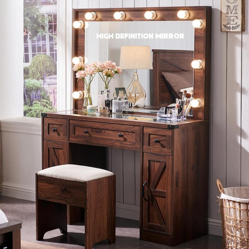 Farmhouse Vanity Desk with Mirror and Storage Space, Stool Included