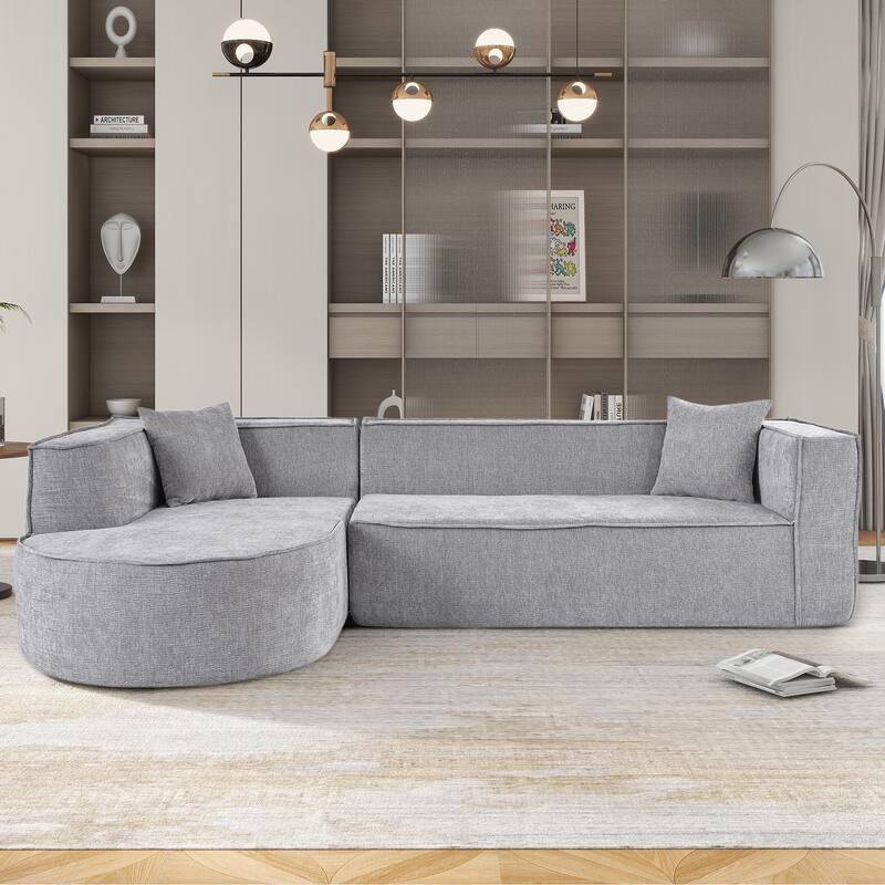 L-Shape Sectional Sofa with 2 Throw Pillows, Chenille Fabric Modular Sofa for Livingroom 4-seater Curved Couch Chaise