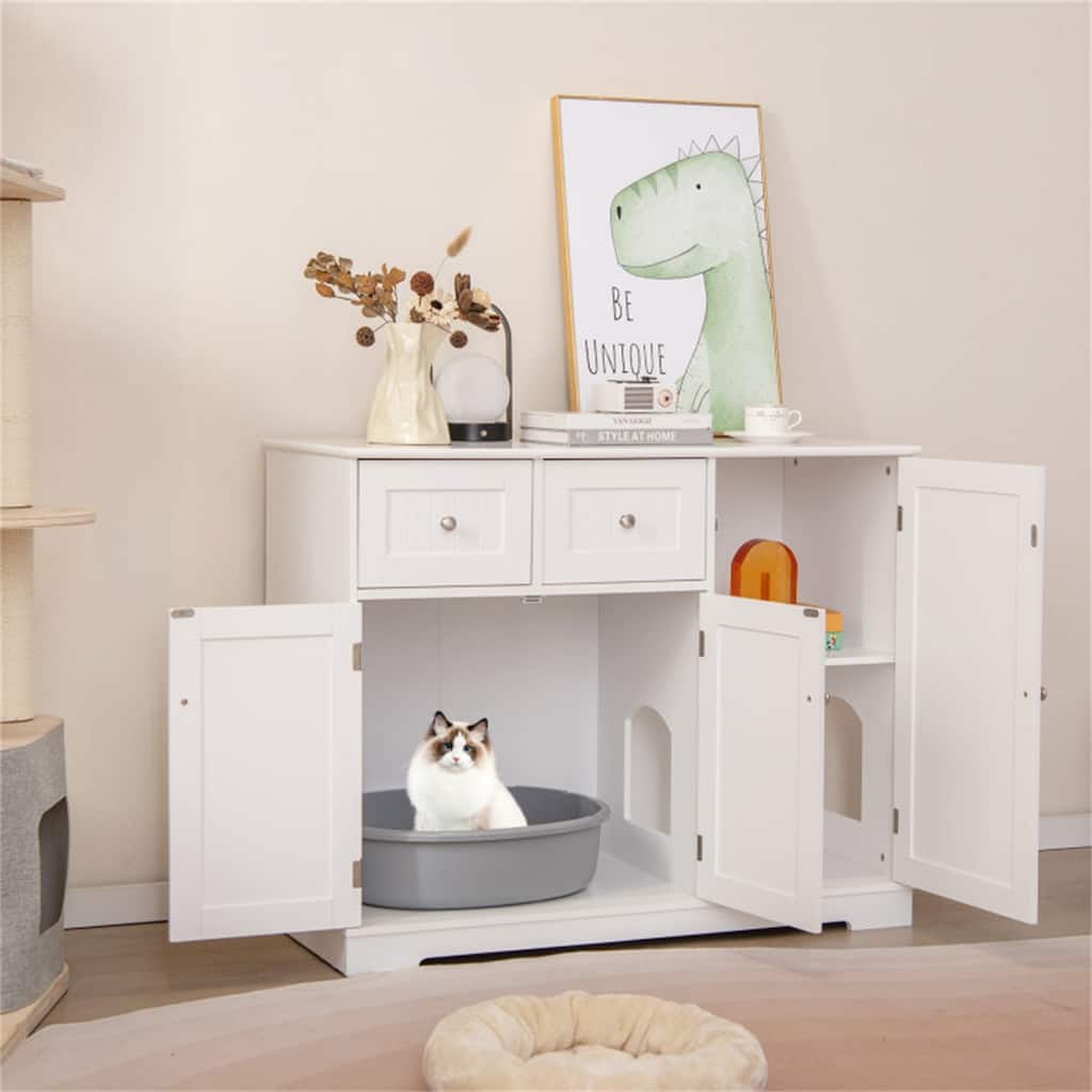 Cat Litter Box Enclosure With 2 Drawers 3 Doors White Wood