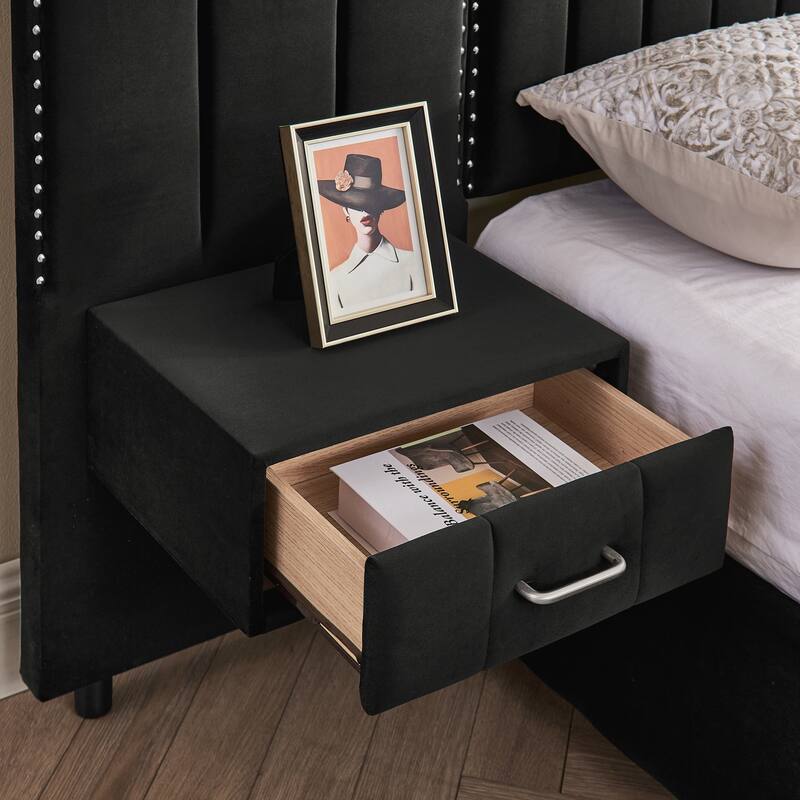 Queen Size Upholstered Bed Frame , Vertical Stripe Design with Buttons Around Platform Bed with Headboard