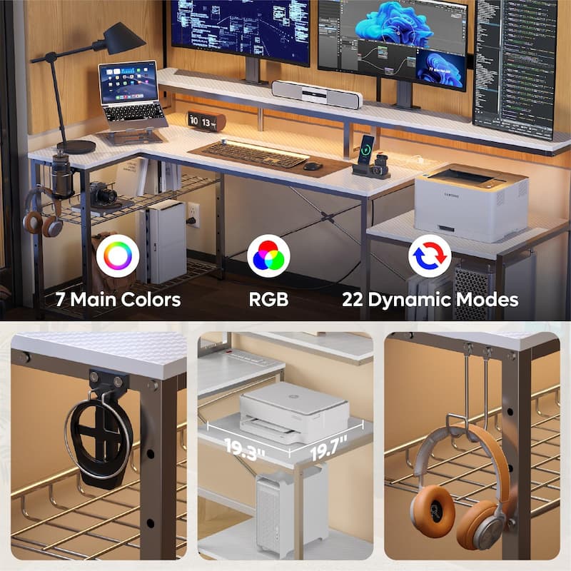 Bestier 71.5“” Computer Desk with Power Outlets, L Shaped LED Home Office Desk with Long Monitor Stand and Cup Holder & Hooks