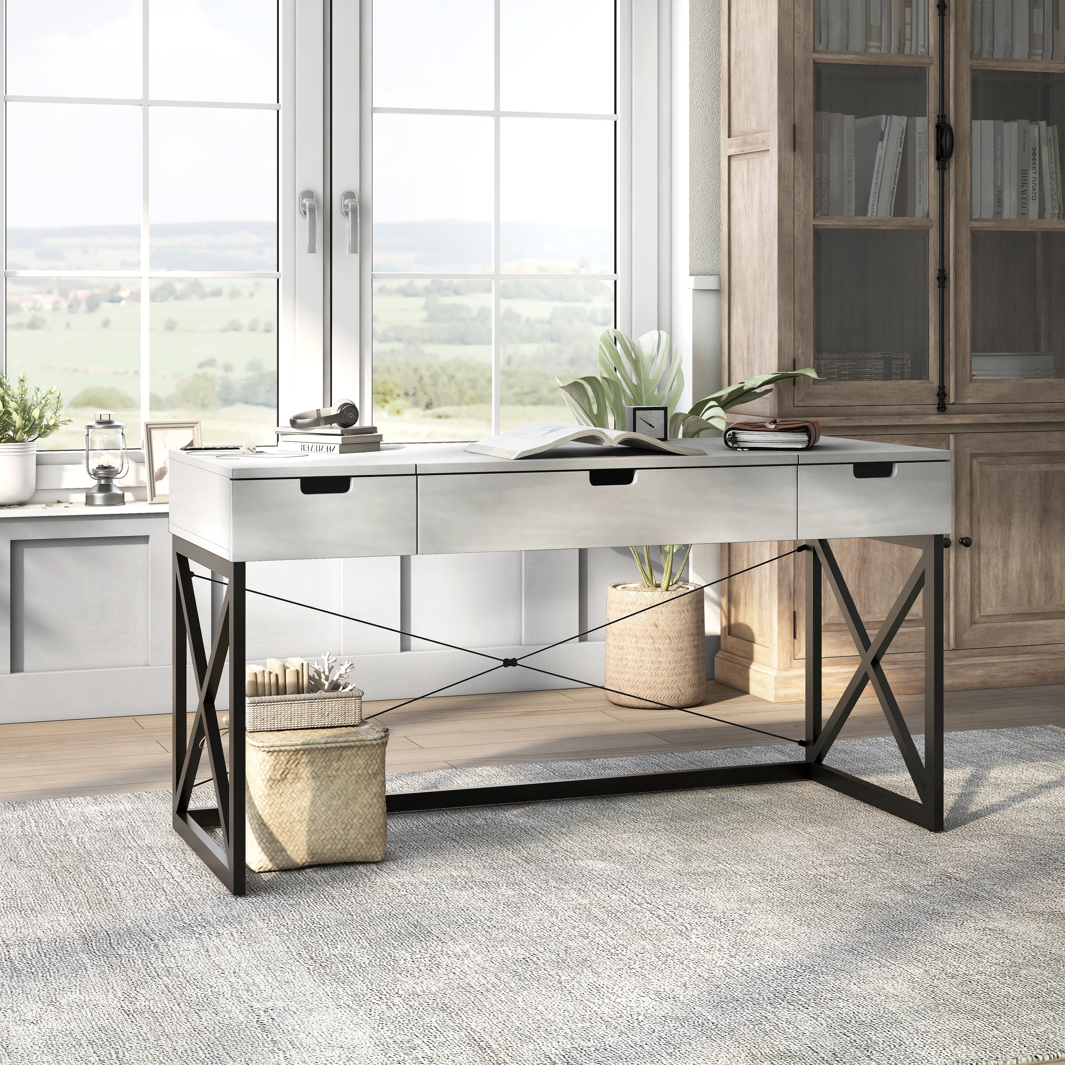 Furniture of America Bradford Farmhouse 59-inch Steel Lift Top Desk with USBs