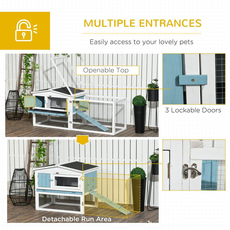 Outdoor Bunny Hutch with Waterproof Roof and Large Run Ramp Feeding Trough for 1-2 Small Animal - 61.5"L x 22.75"W x 26.75"H