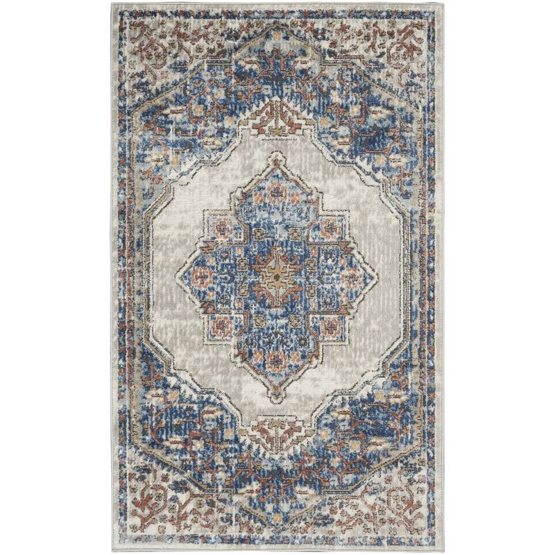 3' X 5' Blue And Grey Oriental Power Loom Non Skid Area Rug - 3'6" Round