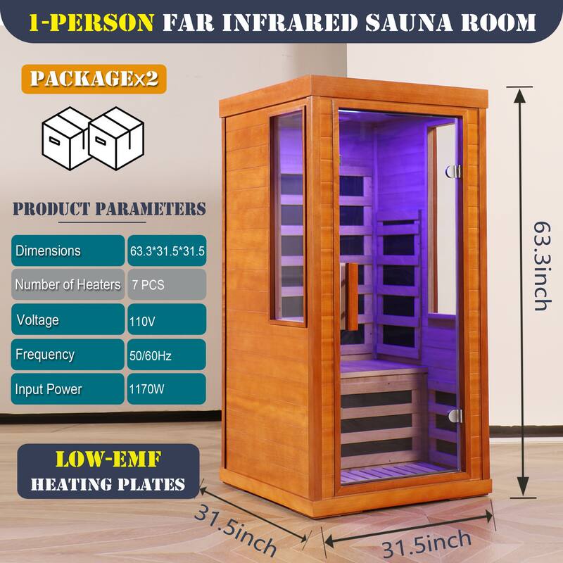 1 Person Far Infrared Sauna Low EMF Carbon Fiber Heating Okoume Wood Home Spa with Bluetooth - N/A