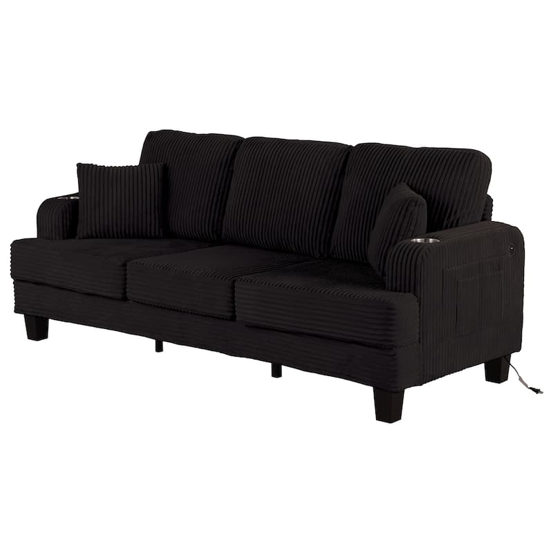 85" Modern Corduroy Rectangle 3-seater Sofa with USB and 2 Pillows