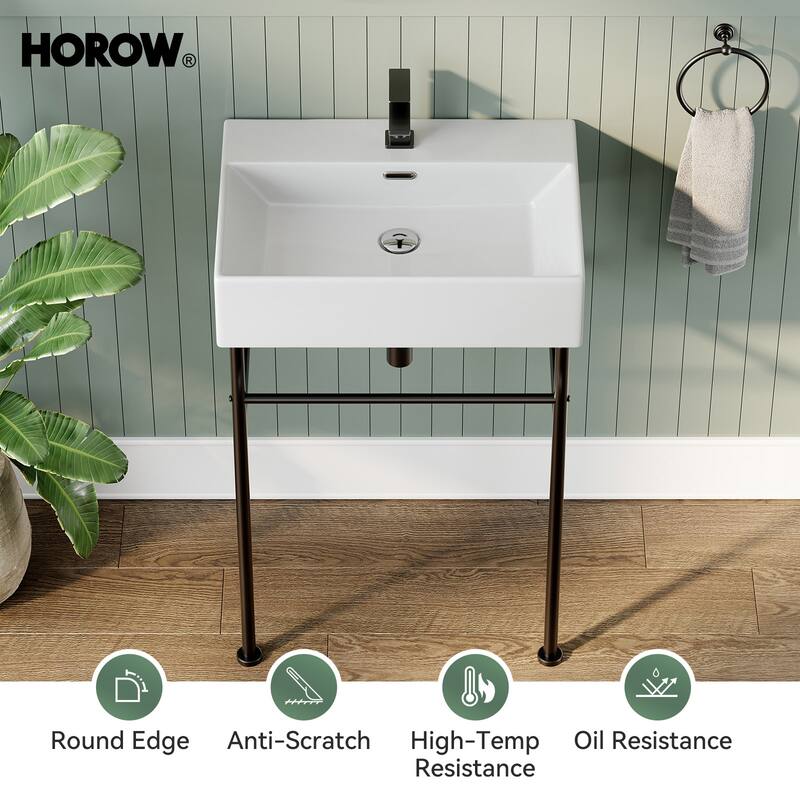 HOROW 24 in. Ceramic White Rectangular Bathroom Console Sink with Black Legs and Overflow