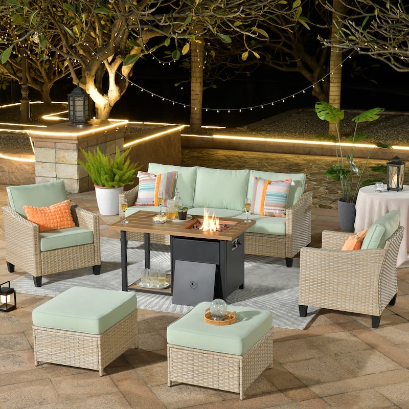 HOOOWOOO Outdoor 6-piece PE Wicker Conversation Patio Set with Fire Pit Table