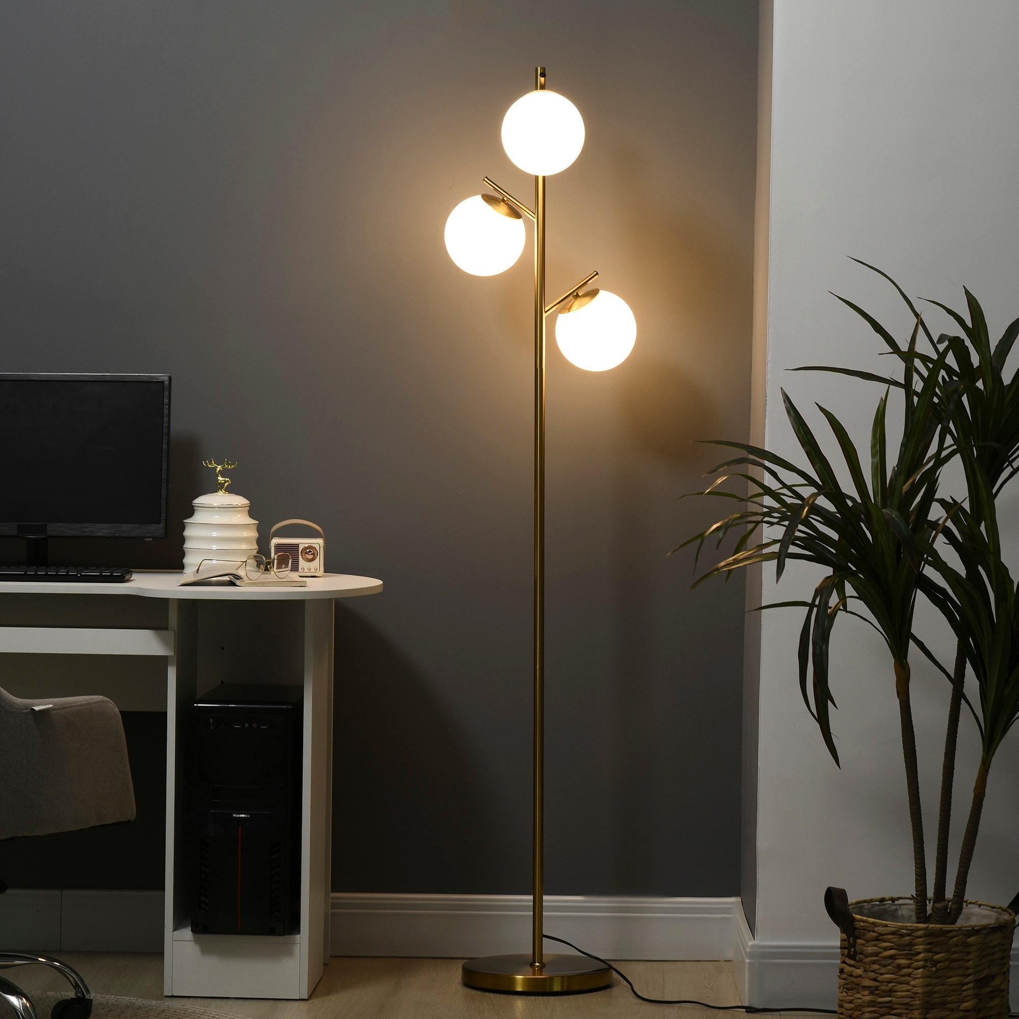 HOMCOM 3-Light Modern Floor Lamps for Living Room, Tree Standing Lamp for Bedroom with Globe Lampshade, Steel Base, Gold