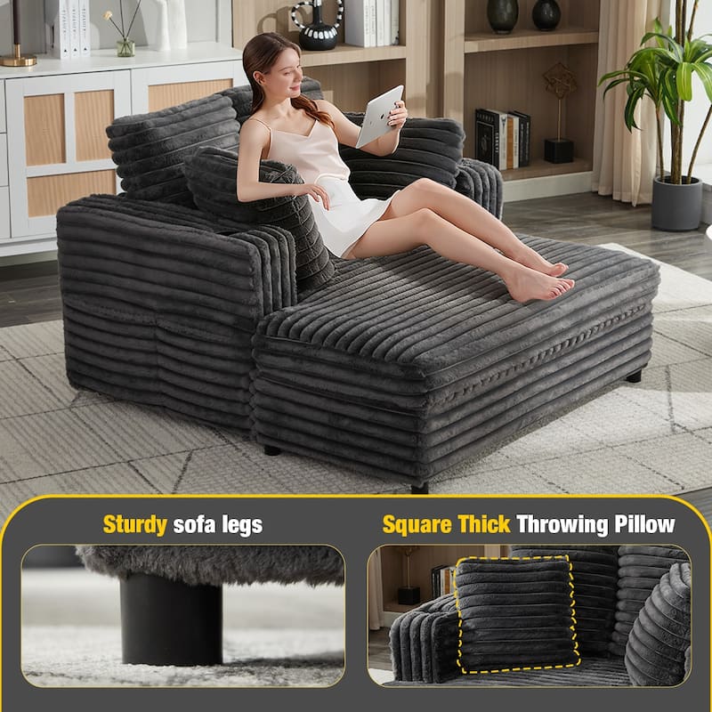 64" Oversized Chaise Lounge Chair Sofa Bed, Corduroy Upholstered Sleeper Chair with Wood Frame, Storage Pockets, Cup Holders