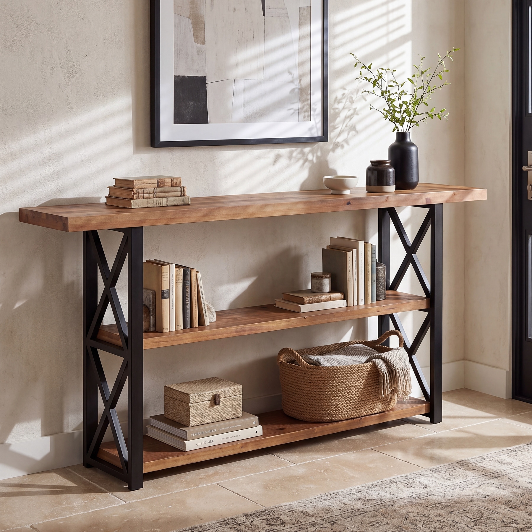 63-Inch Solid Wood Console Table, 3-Tier Narrow Entryway Table with Storage Shelves and Metal X-Frame