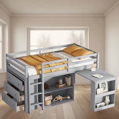 Twin Size Loft Bed Frame with Pull-out Desk, Drawer and Shelf Cabinets, Space-Saving with Safety Guardrail and Sturdy Ladder