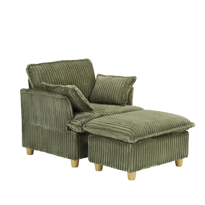 Single Sofa with Ottoman, Comfy Corduroy Upholstered Armchair, Lounge Chair with Throw Pillows for Living Room, Balcony