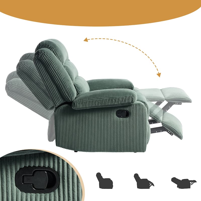 Overstuffed Cotton Corduroy Manual Pushback Recliner with Wide Armrest