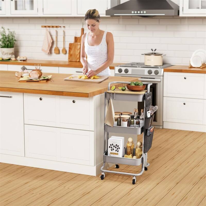 3 Tier Metal Utility Rolling Cart with Table Top and Side Bags - 17.3"D x 18.3"W x 37.3"H
