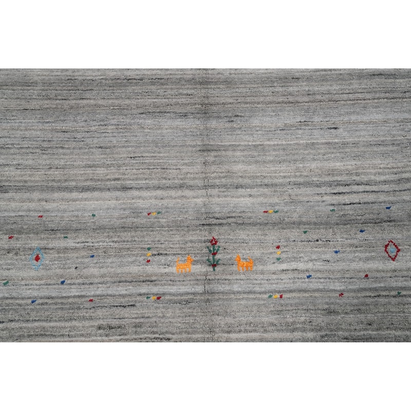 Hand Knotted Oriental Viscose Silk Carpet Tribal Animal Pictorial Greys & Charcoal Gabbeh Area Rug - 11' 10'' X 9' 11''