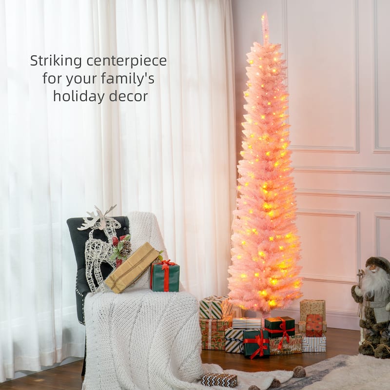 7 ft Pink Pencil LED Christmas Tree with 250 Multicolor Lights, 8 Lighting Modes, Flame-Retardant Branches & Sturdy Base
