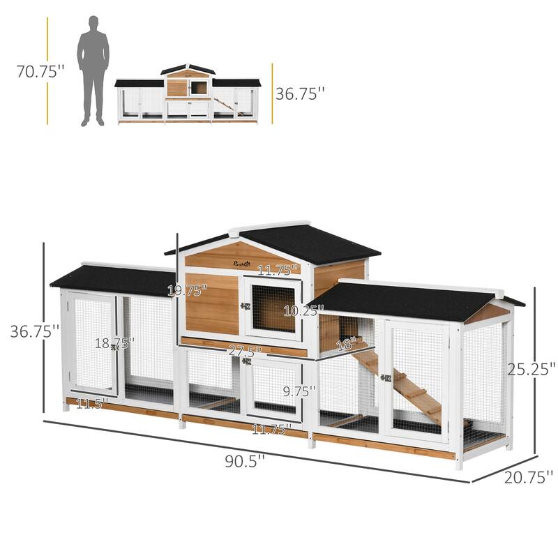 PawHut 90.5" Wooden Hutch Bunny Cage Pet Playpen House Enclosure