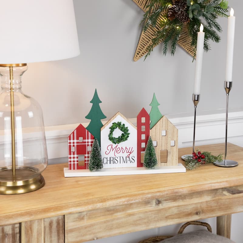 Wooden "Merry Christmas" Houses with Trees Decoration - 15" - Red and Green