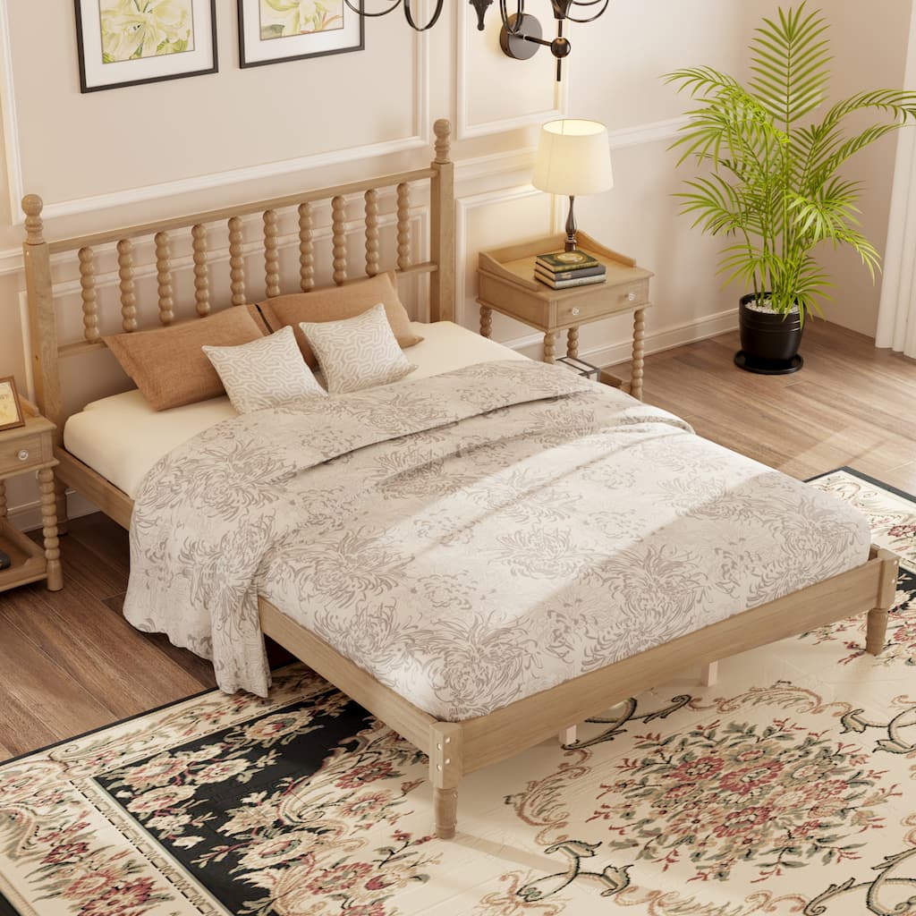 Queen Size Wood Platform Bed with Gourd Headboard(No Box Spring Needed)