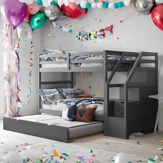 Twin-Over-Twin Bunk Bed with Twin Size Trundle and 3 Storage Stairs,Multifunctional Kids Bunk Bed,Gray